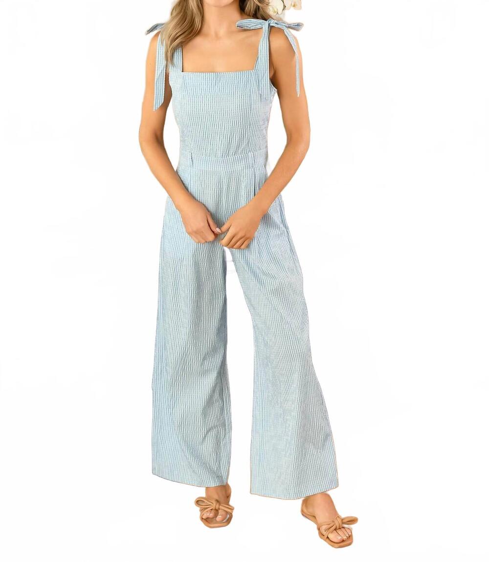 NEW SIMPLY SOUTHERN gingham shoulder ties jumpsuit - plus in mist blue